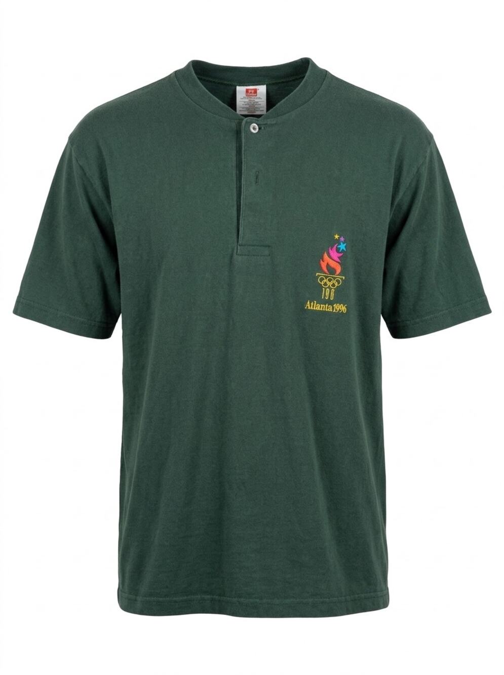 Vintage Hanes Made in USA Green Henley Embroidered T-Shirt Men Size M